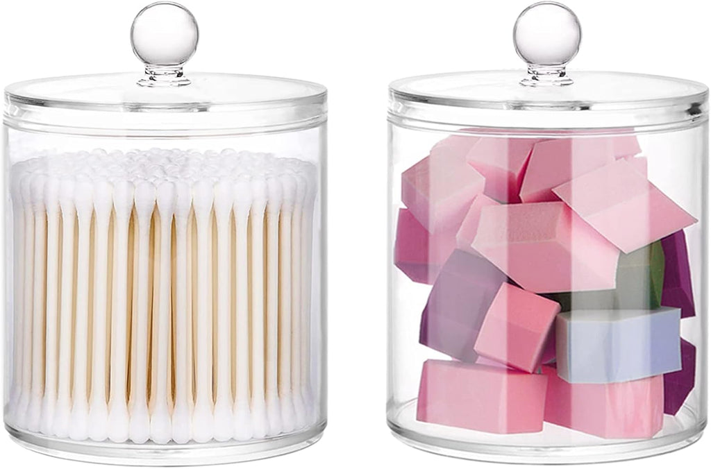 Skiennix 20-Ounce Qtip Holder Set - Clear Plastic Apothecary Jars with Lid for Bathroom Organization (2 Pack)