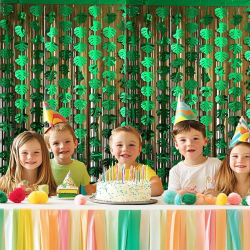 Tropical Leaf Foil Fringe Curtains (4 Pcs) - Gold & Green Luau Decor, 3.3x6.6 ft