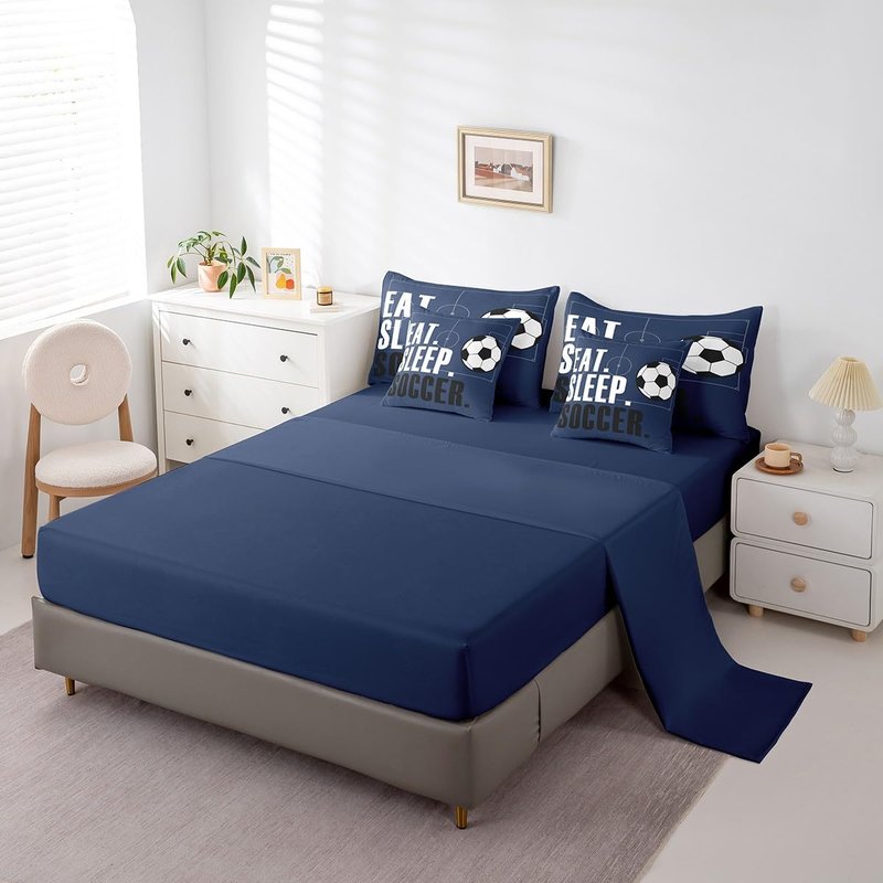 Feelyou Soccer Ball Comforter Set with Sheets Full Size Soccer Field 7 Pieces Bedding Set for Kids Boys Girls Teens Football Sports Ball Game Bed in a Bag Gift for Football Lover Bed Set