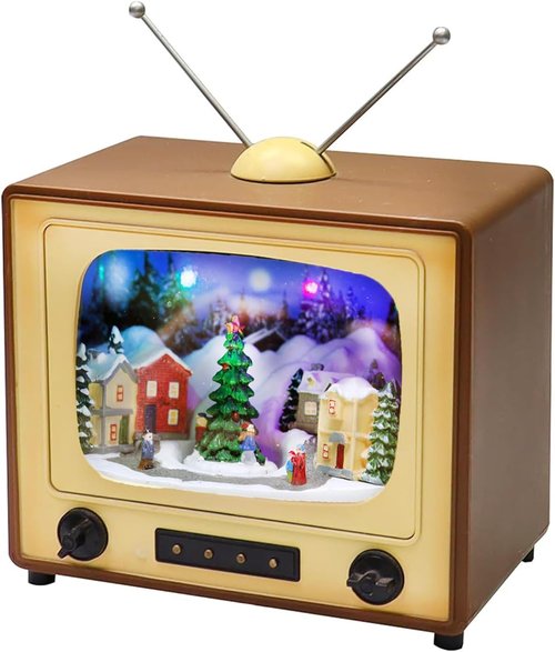 Moments In Time Animated Retro TV Christmas Village Scene - 6” Hand-Painted Lighted Décor with LED Lights & Moving Tree