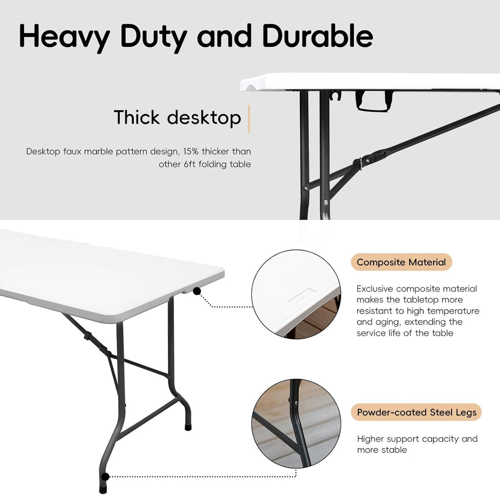 Pollilar 6FT Folding Table - Portable HDPE Banquet Table for Meetings, Picnics & Weddings - White
