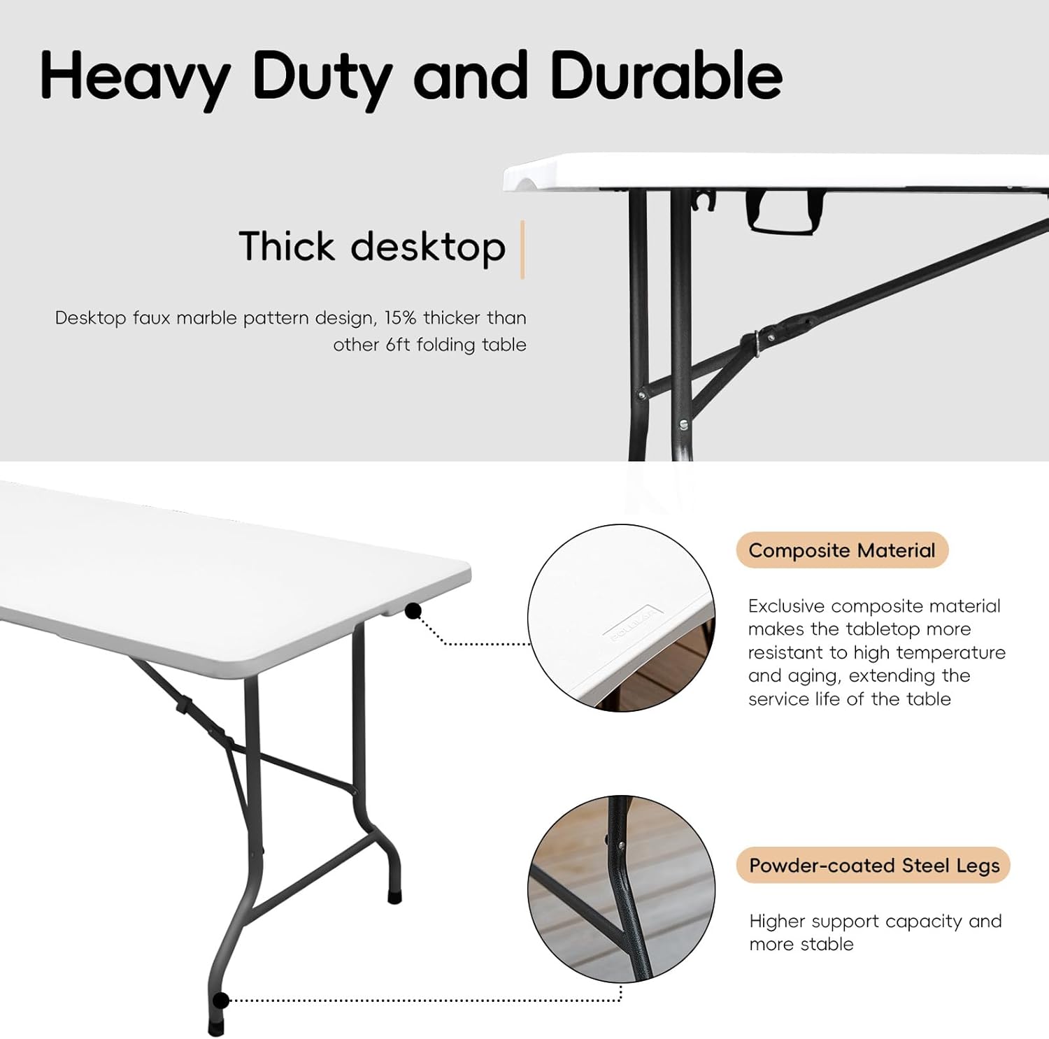 Pollilar 6FT Folding Table - Portable HDPE Banquet Table for Meetings, Picnics & Weddings - White