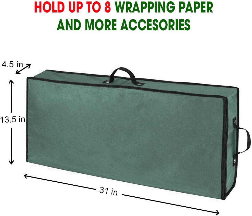 Primode Wrapping Paper Storage Container - Under Bed Gift Wrap Organizer for 30-Inch Rolls | 31”x13.5”x4.5” | Durable 600D Oxford Material with Pockets for Ribbons and Bows (Green)