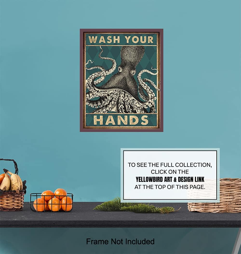 Octopus Nautical Bathroom Wall Art - Funny Beach Decor | Unique Wash Your Hands Sign - Cute Restroom Artwork