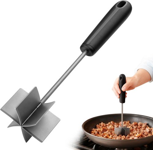 Coinicxcel 10-Inch Stainless Steel Meat Chopper & Masher - Heat Resistant, Ergonomic Handle, 6 Curved Blades