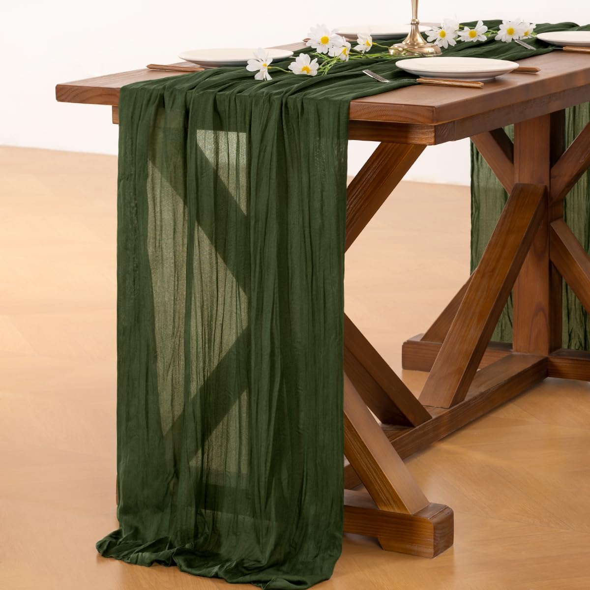 Socomi Olive Green Cheesecloth Table Runner - 120 Inch Boho Rustic Gauze for Weddings & Events