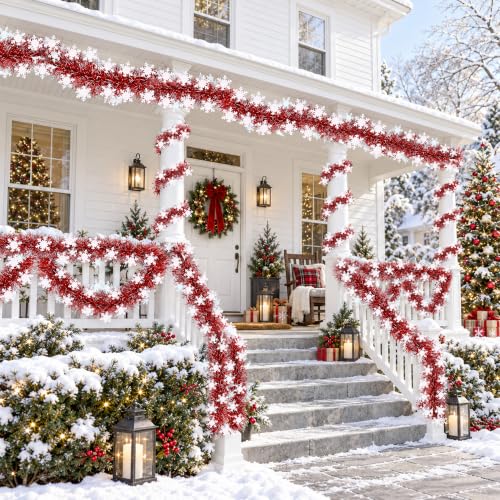 Sakayo 50FT Red & White Christmas Tinsel Snowflake Garland, Indoor Outdoor Holiday Decor