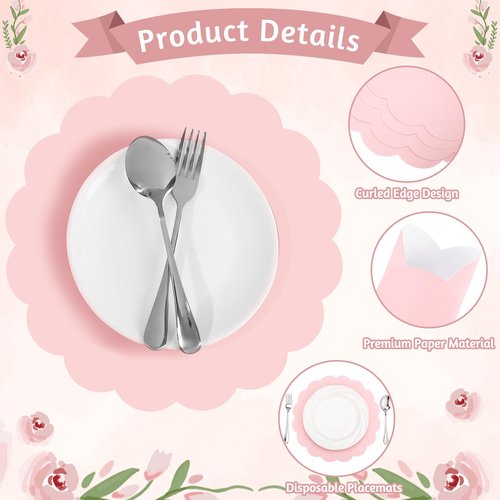120 Pcs Light Pink Paper Placemats, 13.5 Inch Disposable Scalloped Placemat Round Table Place Mats Decorative Paper for Mother's Day Birthday Wedding Bridal Shower Baby Shower Banquet Tea Party