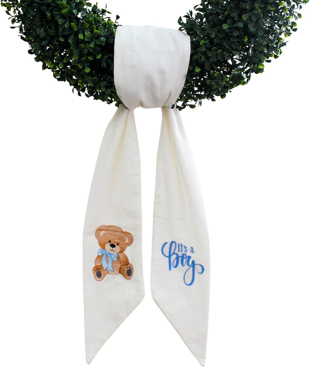 Regine Switzerland Wreath Sash - "It's a Boy" Embroidered Design, Quality White Linen | 56" L x 4.5" W Indoor/Outdoor Décor