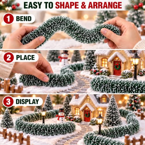 VKQ 6 Pack Christmas Village Hedges - 14 Inch Flexible Snowy Sisal Borders