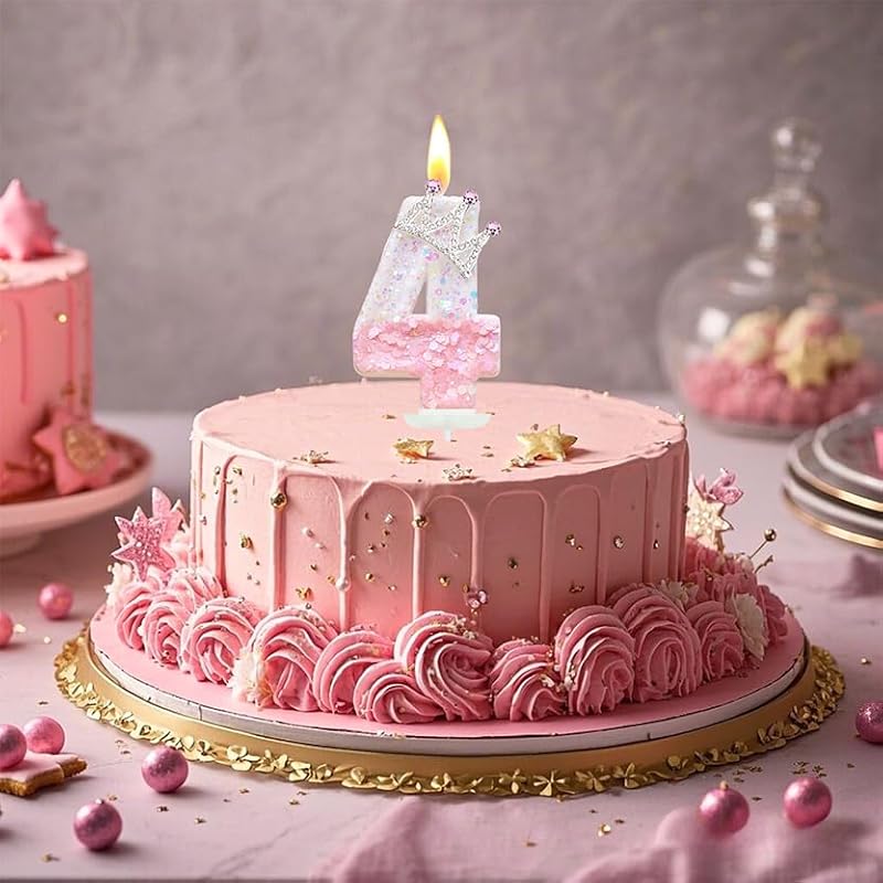 Pink Birthday Number 4 Candle with Crown - Princess Party Cake Topper