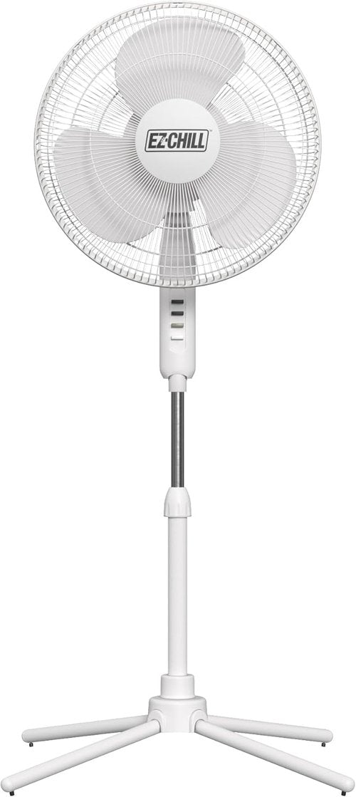 EZ-Chill 16” Oscillating Pedestal Fan - 3-Speed Options, 90-Degree Oscillation, Adjustable Height, White