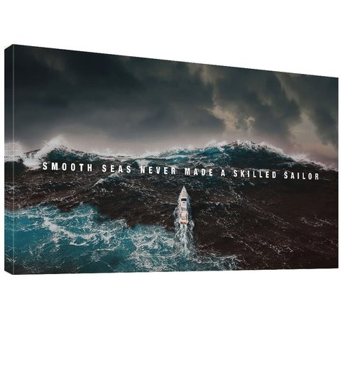 Sea Waves Canvas Prints Wall Art Inspirational Smooth Sea Never Made a Skilled Sailor Wall Art Canvas Print Framed Picture Painting for Office Hallway Home Decor-24"x48"