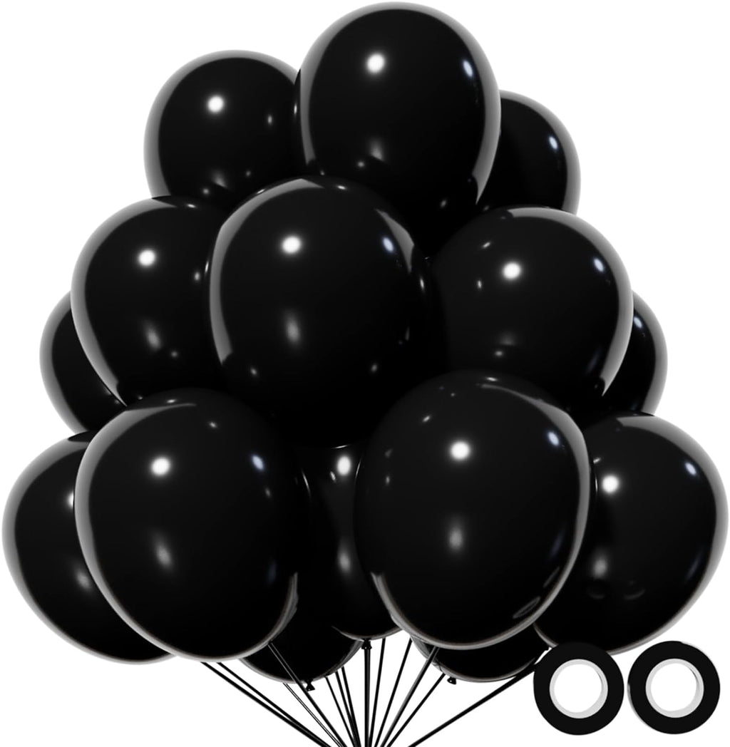 110pcs Black Latex Balloons - 12 Inch Party Balloons for Birthday, Baby Shower & Wedding | Includes 2 Ribbons