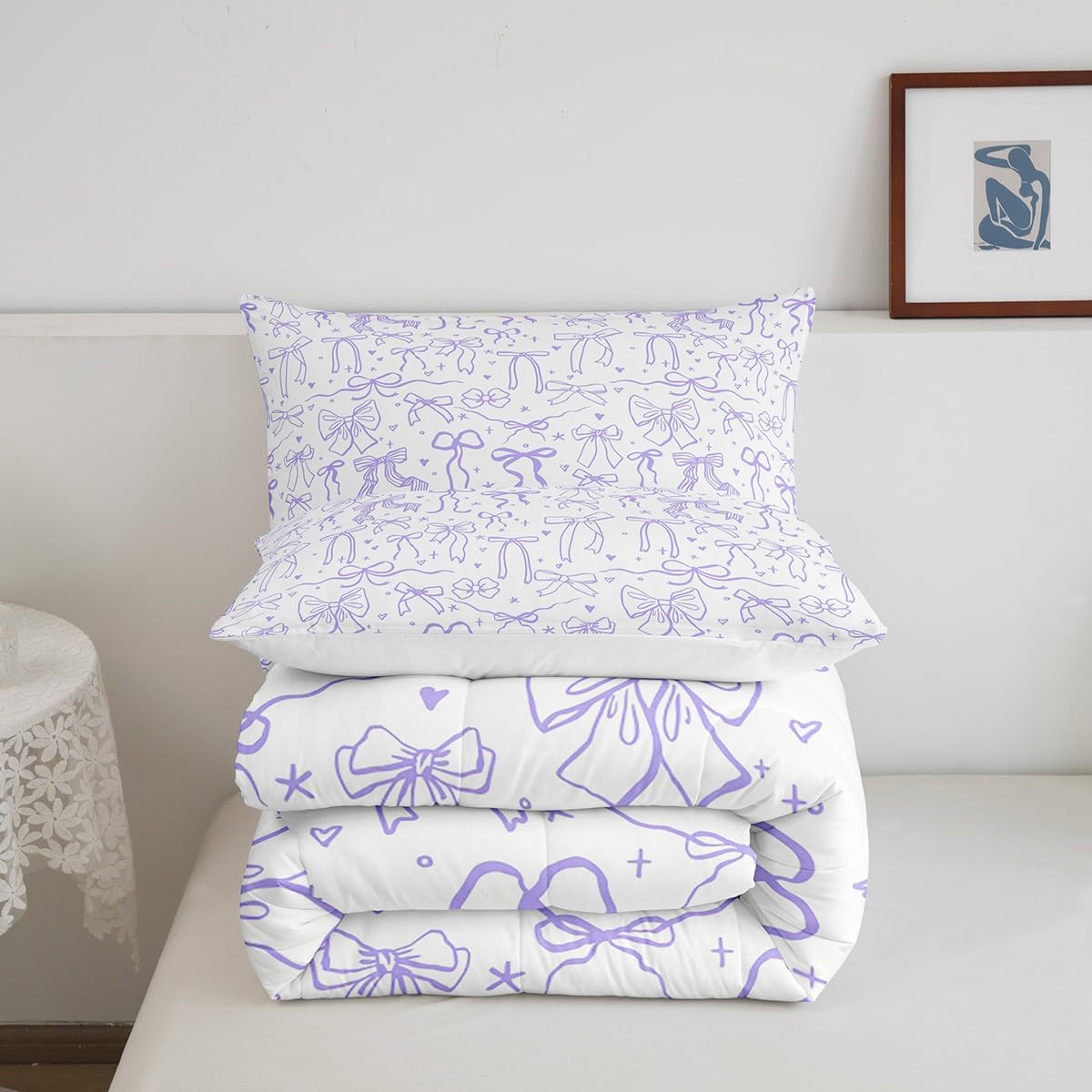 Purple Bowknots Comforter Set Full Size,Cartoon Hand Drawn Stars Love Bow Bedding Set,Kawaii Princess Style Quilt Set for Kids Girls Women Teens Room Decor,Romantic Duvet Insert,2 Pillowcases