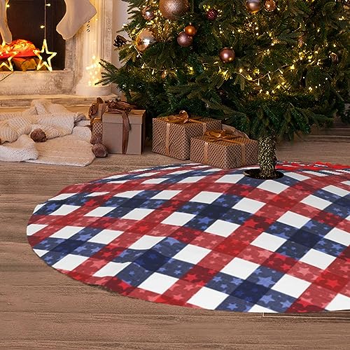 LUMANSITTER 36" July 4th Patriotic Flag Plaid Christmas Tree Skirt — Red/White/Blue, Faux Frosted Fabric