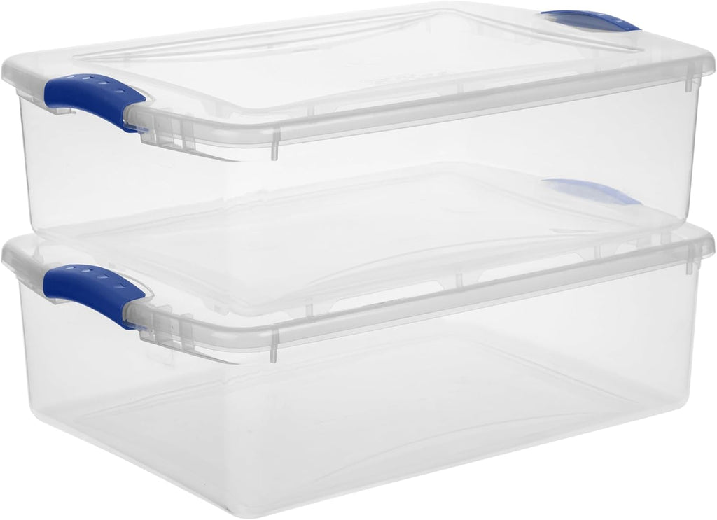 Sterilite 32 Quart Clear Plastic Storage Bins - Stackable Underbed Containers with Lids & Blue Latches