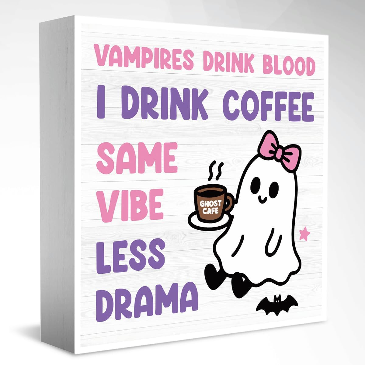 Skiennix Halloween Office Decor - Cute Ghost Coffee Bar Wooden Box Sign | 5x5 Inches for Home & Shop