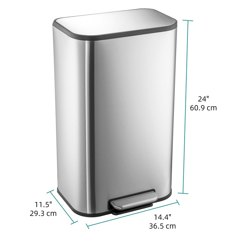 GlowSol Kitchen Trash Can with Lid, 8 Gallon Stainless Steel Garbage Can, Rectangular Step On Waste Bin with Foot Pedal & Inner Bucket, Quiet Close, for Kitchen Office