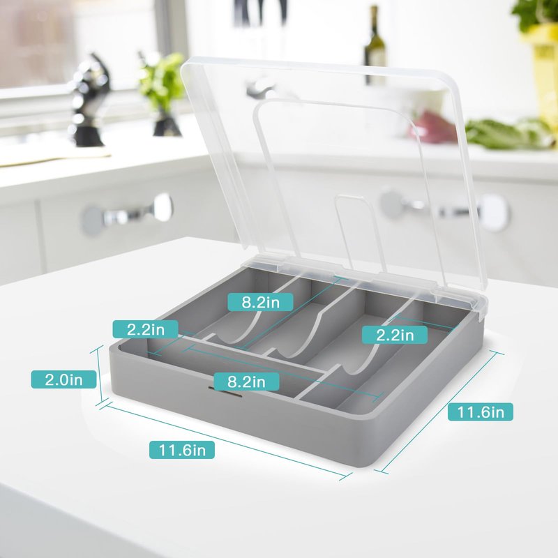 QINOL Bamboo Silverware Tray with Lid, Utensil Drawer Organizer for Kitchen Countertop, Wooden Flatware Organizers and Storage Holder, Bamboo Grey