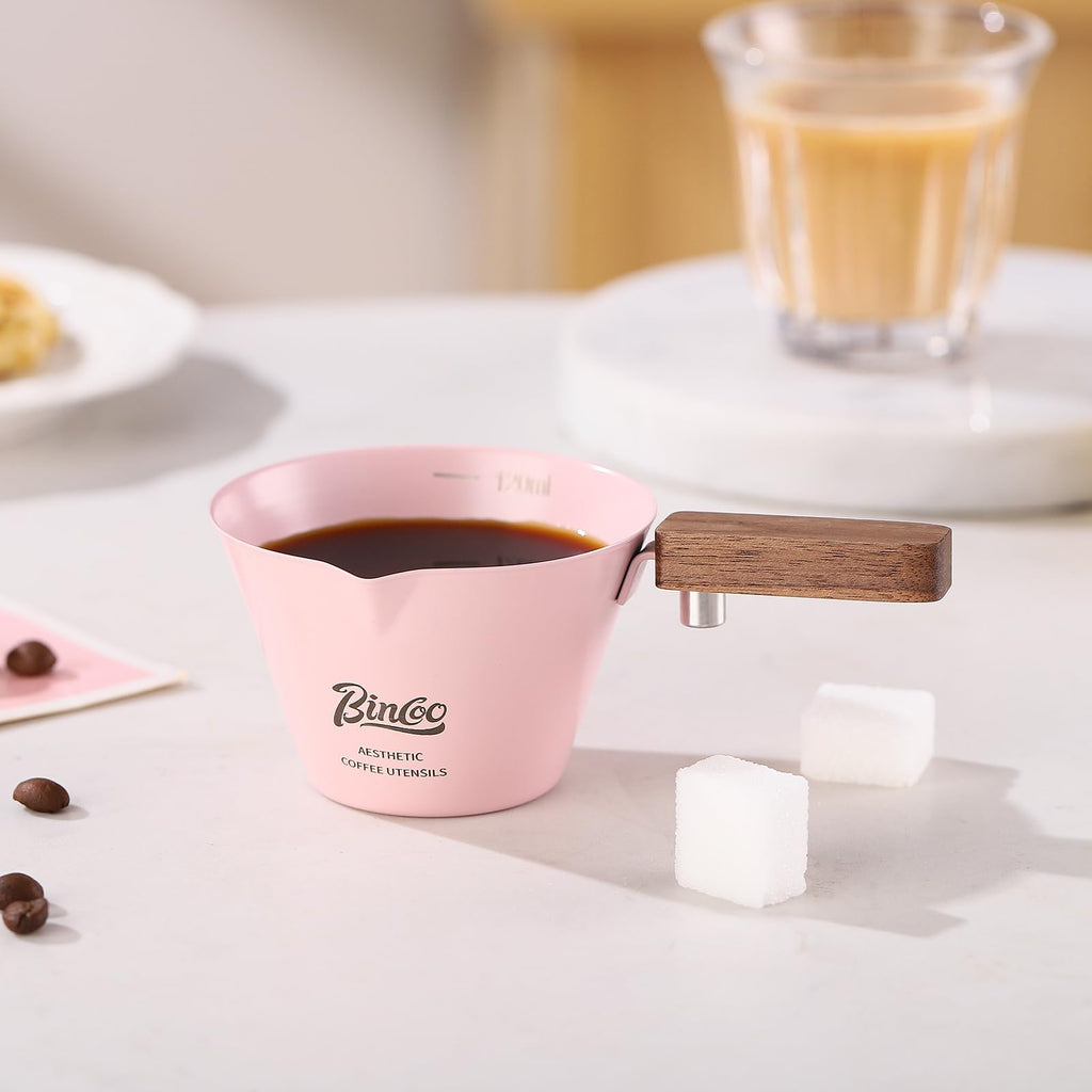 Pink Espresso Shot Cup with Wood Handle - 2 Pack Stainless Steel Espresso Measuring Cup,120ML Espresoo Pouring Cup Set of 2