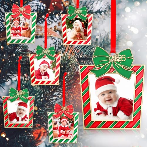 Cindeer 6-Pack Christmas Photo Ornament Frames - Gift Box Shape, 4.33" Outside, 2.36" Inner Photo - Red/Green/White Styles