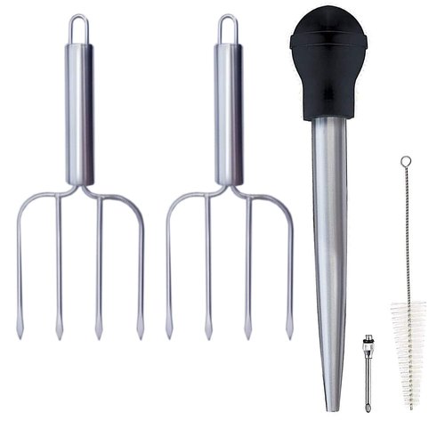 Home Servz Stainless Steel Turkey Baster Syringe and Poultry Lifters fork Set of 2,