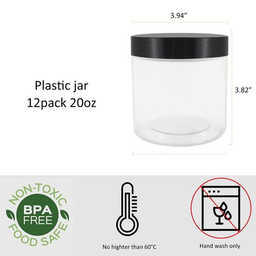 Zmybcpack 12 Pack 20oz (600ml) Clear Plastic Jars With Lids, Labels, 1 Pen - Empty Storage Containers for Dry Food, Peanut, Spice