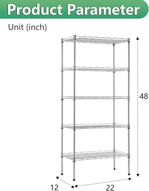 BestOffice 5-Tier Wire Storage Shelves - Heavy-Duty Metal, Chrome Finish | Adjustable Racks | 22x12x48 | Holds Up to 750 lbs | Easy No-Tool Assembly for Home & Garage