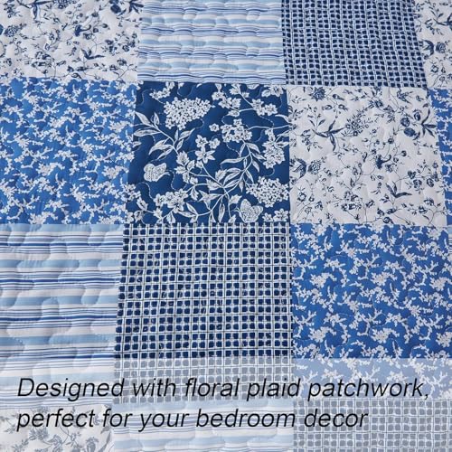 California King Blue Floral Quilt Set - 3 Piece Reversible Bedding