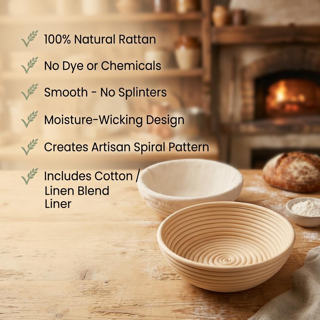 Saint Germain Bakery Premium Round Bread Banneton Basket - Set of 2 | 9" Round Baskets with Liner