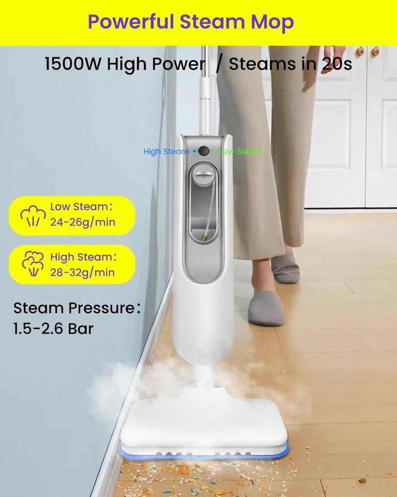 Steam Mop for Floor Cleaning, Effortless Ergonomic Design Floor Steamer for Hardwood and Tile, Adjustable Steam Modes, 1500W High Power, 16.4ft Cord, 400Ml XL Tank, 2 Washable Pad (1)