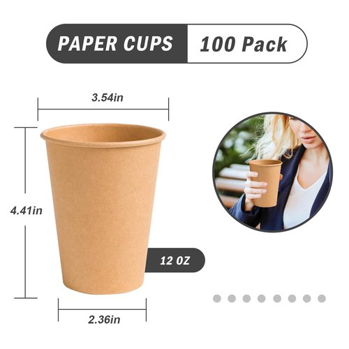 Lamosi 100 Count 12 oz Paper Cups, Disposable Kraft Paper Coffee Cups 12 Ounce for Hot/Cold Beverages, Water, Party, Picnic, Travel, Events