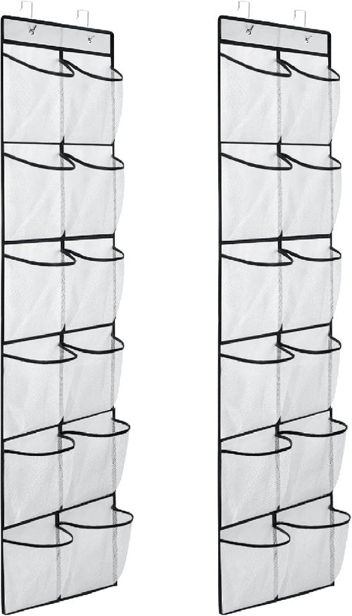MSLOVE Over The Door Shoe Organizer - 12 Large Mesh Pockets for Closet Storage, White | 2 Pack