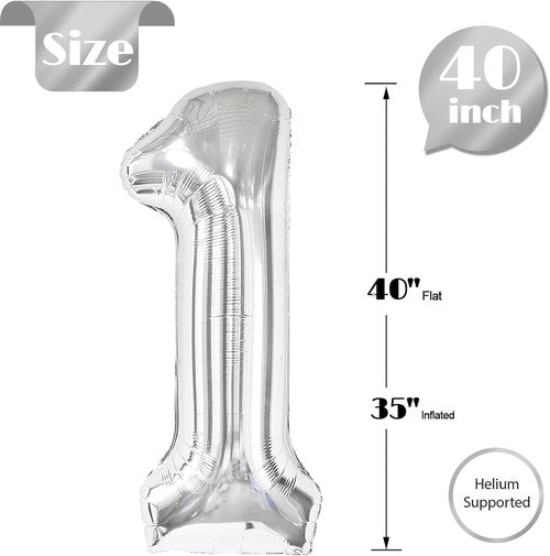 1st Birthday Balloon - 40 Inch Silver Number 1 Decoration for Boys & Girls | Giant First Birthday Party Decor