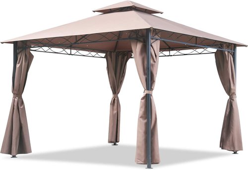 FDW Outdoor Patio Gazebo - Heavy Duty Steel Frame Canopy with Double Roof & Privacy Curtains | 10'x13' (Brown)