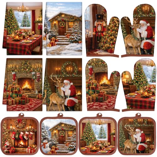 Christmas Fireplace Oven Mitts & Kitchen Towel Set - Santa & Reindeer, Holiday Kitchen Accessories