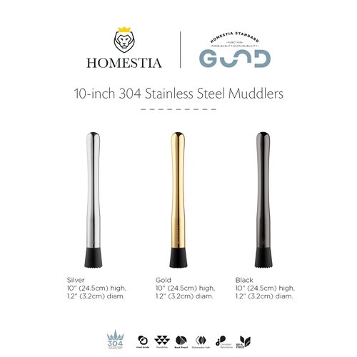 Homestia Gold Muddler for Cocktails - 10 Inch Professional Stainless Steel Muddler - Durable Cocktail Muddler Drink Smasher & Mojito Muddler - Wine Accessories Ideal Valentines Day Gifts for Him