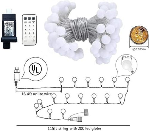Globe String Lights - 115 Feet, 200 LED Fairy Lights with Remote Timer | 8 Modes for Indoor & Outdoor Use