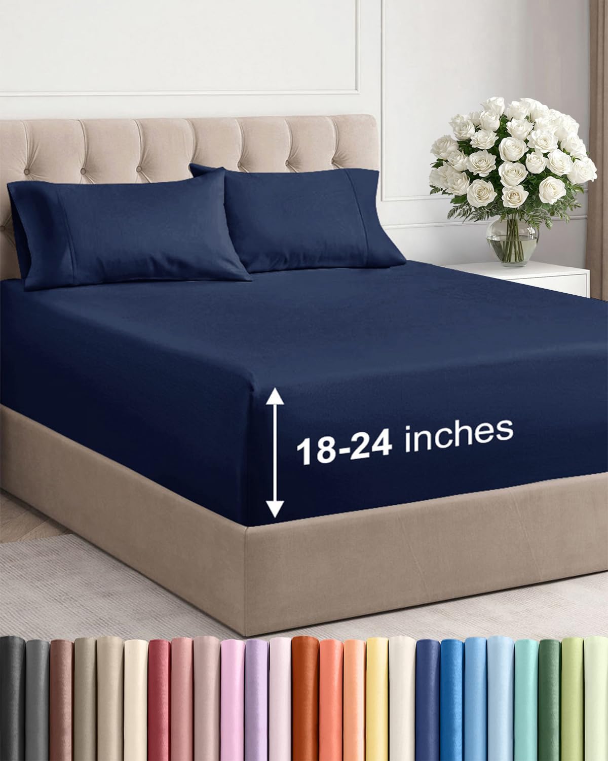 Skiennix Extra Deep Twin XL Sheet Set - 4-Piece Breathable Cooling Bedding - Soft, Wrinkle-Free Navy Blue