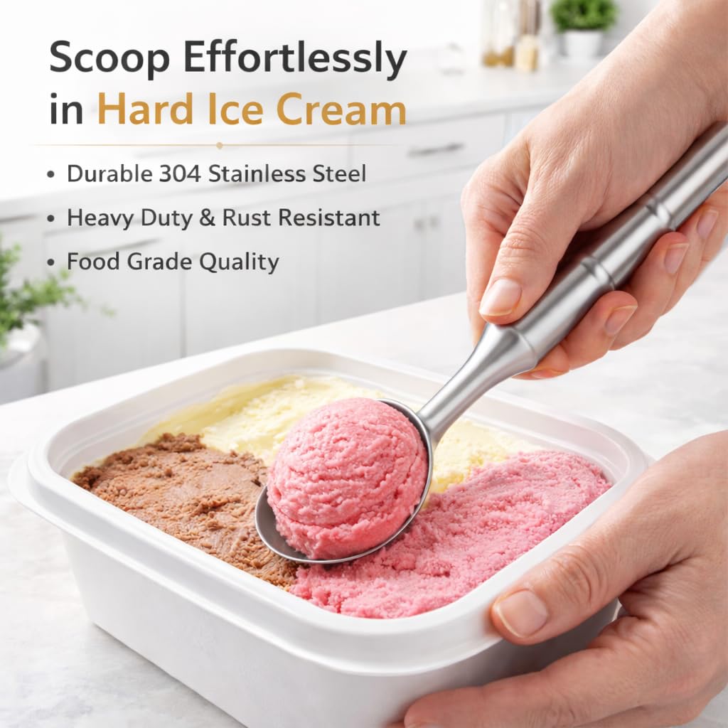 YueMiEcoUS Stainless Steel Ice Cream Scoop, Heavy Duty Ice Cream Scooper with Ergonomic Grip, 100% Dishwasher Safe One-Piece Metal Scoop for Hard Ice Cream, Gelato & Cookie Dough