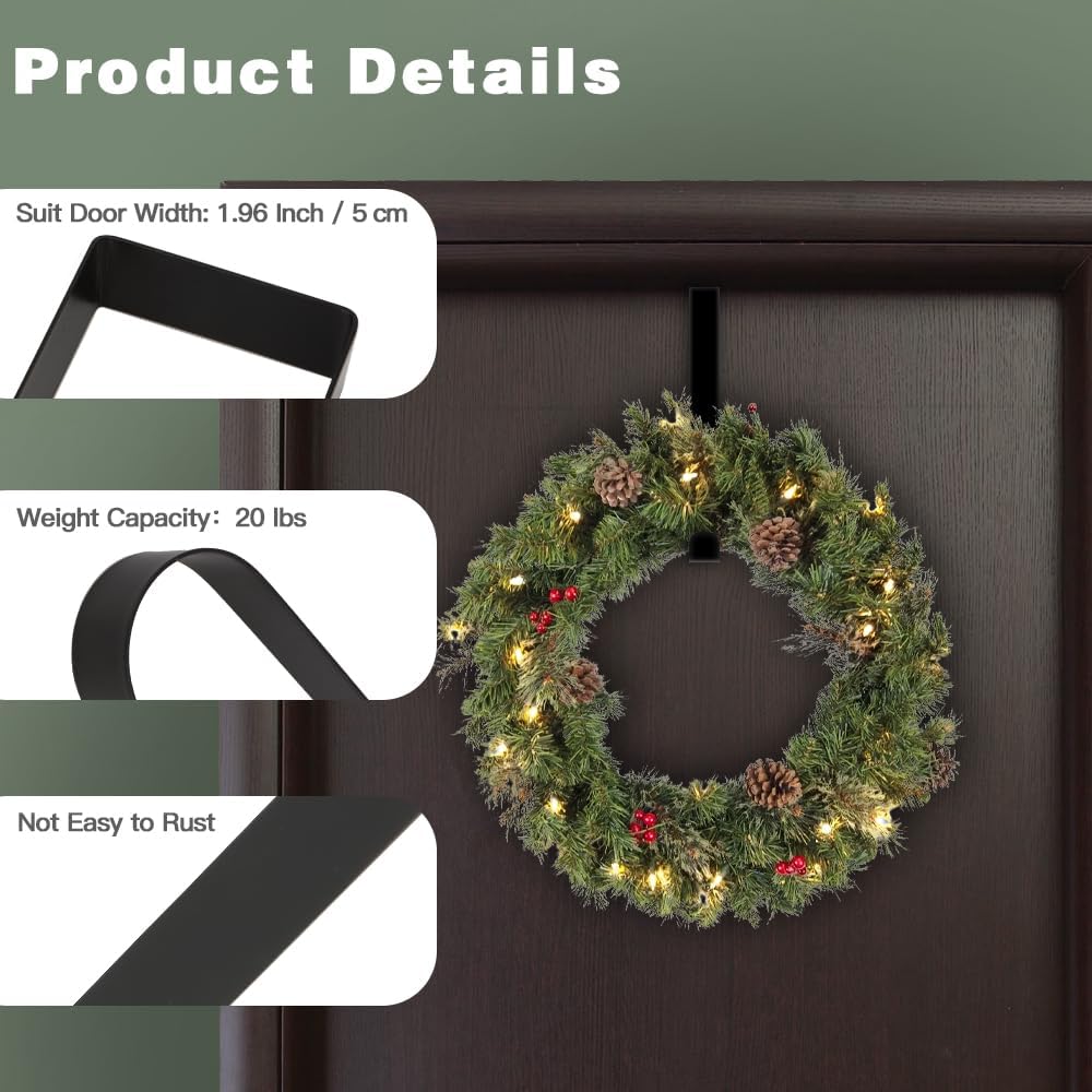 Skiennix Wreath Hangers - 15 Inch Black Metal Over The Door Hooks | 2 Pack for Seasonal Decor