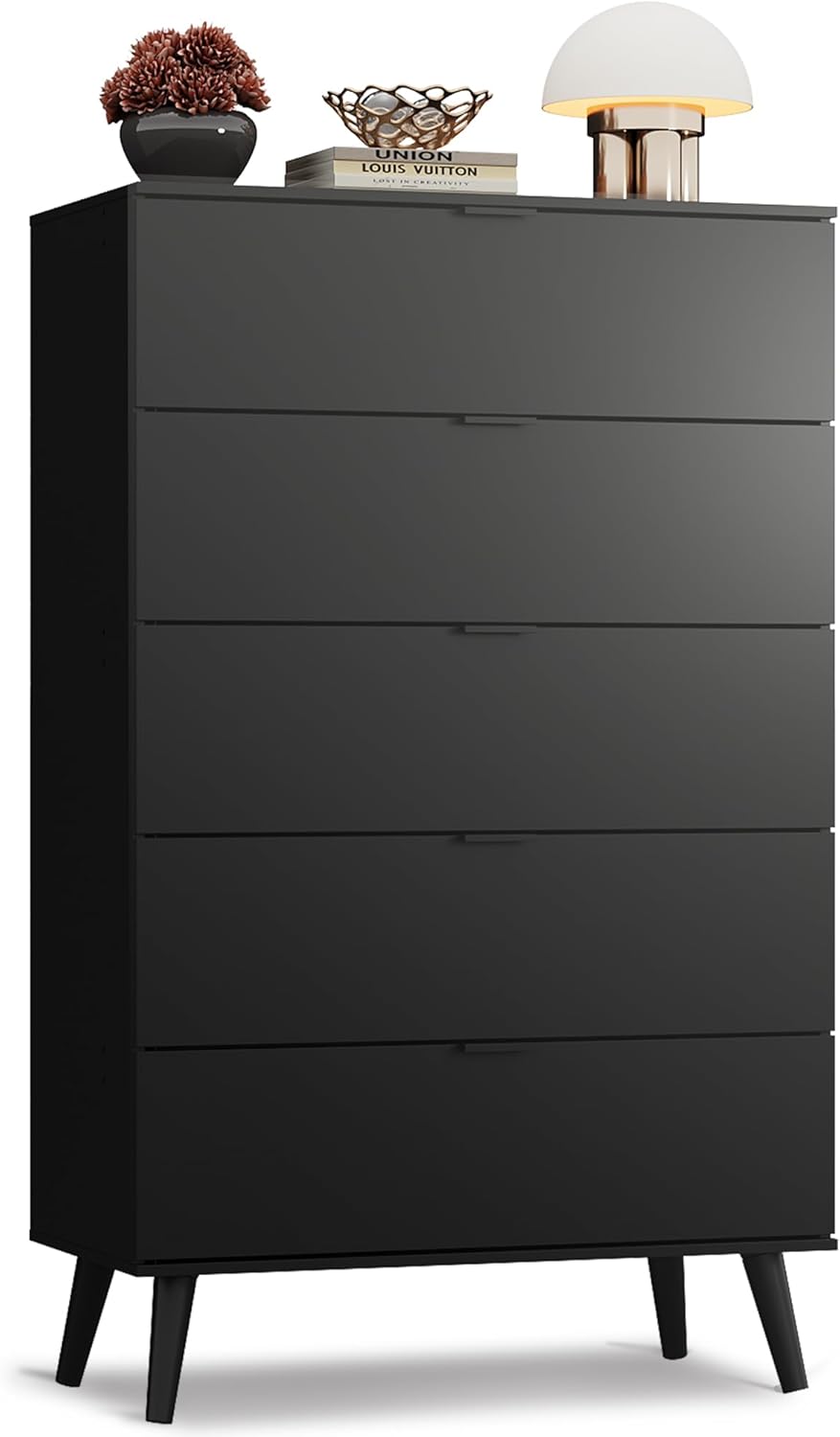 WLIVE 5 Drawer Dresser - Tall Wooden Storage Organizer with Sturdy Metal Handles | Black Chest for Bedroom, Living Room, Hallway