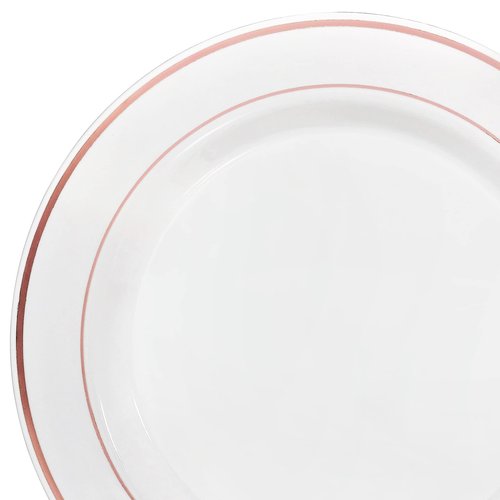OCCASIONS 120 Plates Pack,(60 Guests) Heavyweight Premium Wedding Party Disposable Plastic Plates Set -60 x 10.5'' Dinner + 60 x 7.5'' Salad/Dessert (White & Rose Gold Rim)