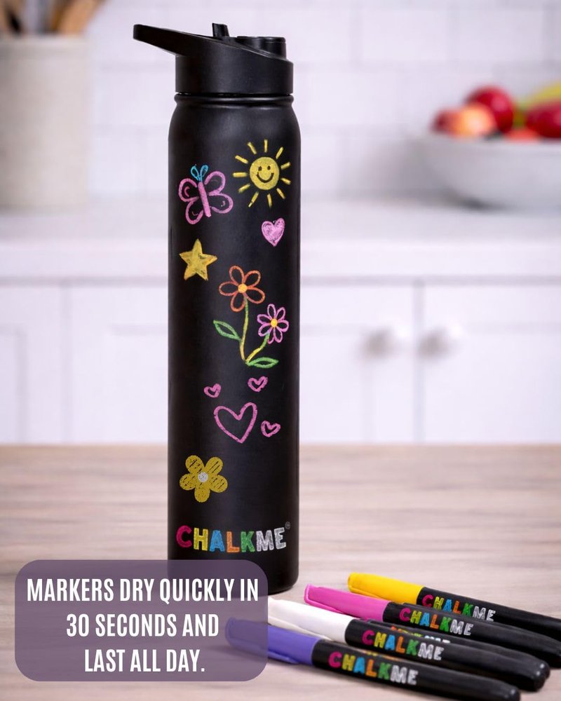 CHALKME Kids Water Bottle 25oz Stainless Steel Vacuum Insulated with Washable Chalk Markers Included, Decorate Your Own Water Bottle, Reusable Gift for Boys and Girls