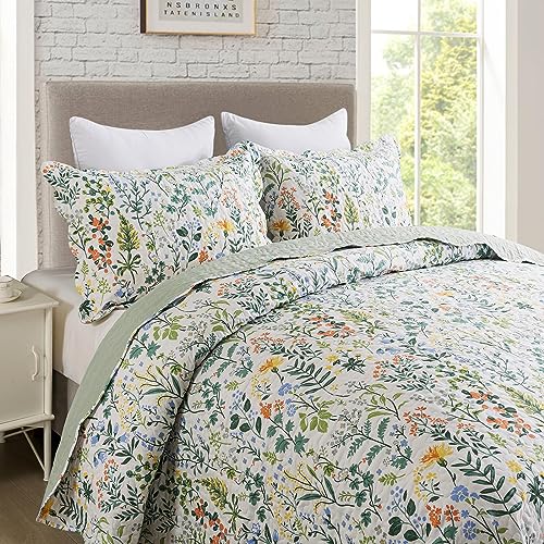 Travan Queen Size Floral Quilt Set - 3-Piece Lightweight Bedspread Coverlet