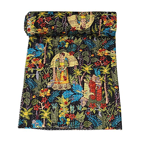 Traditional Kantha Quilt - Handcrafted Pure Cotton Bedspread (Black, Queen 90"x108")