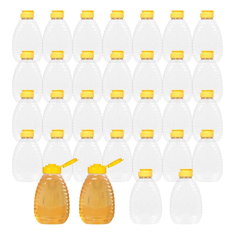 Hyuetrsa 32 Pcs 8.8 oz Clear Plastic Honey Bottles, Empty Honey Bottles with Caps Plastic Skep Style Jar Refillable Honey Containers,Leakproof Honey Containers Holders for Storing Dispensing,Yellow
