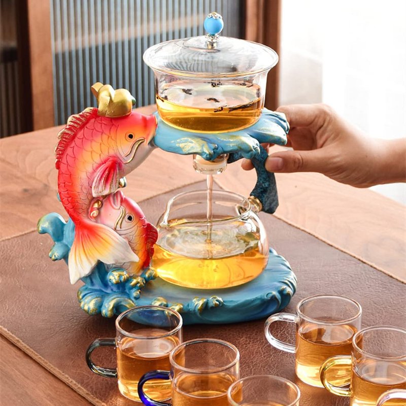 MOZEO Creative Full Semi-automatic Tea Set Glass Lazy Kung Fu Teacup set Heat-resistant Tea Maker Pot Teapot (Fish Teapot)