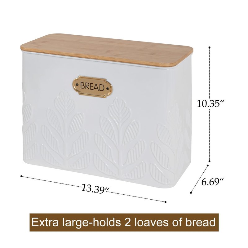 NIKKY HOME Extra Large Space Saving Farmhouse White Bread Box With Bamboo Lid - Holds 2 Loaves - Vertical Breadbox Bread Storage Bin Holder for Kitchen Countertop, Plant Embossed Pattern